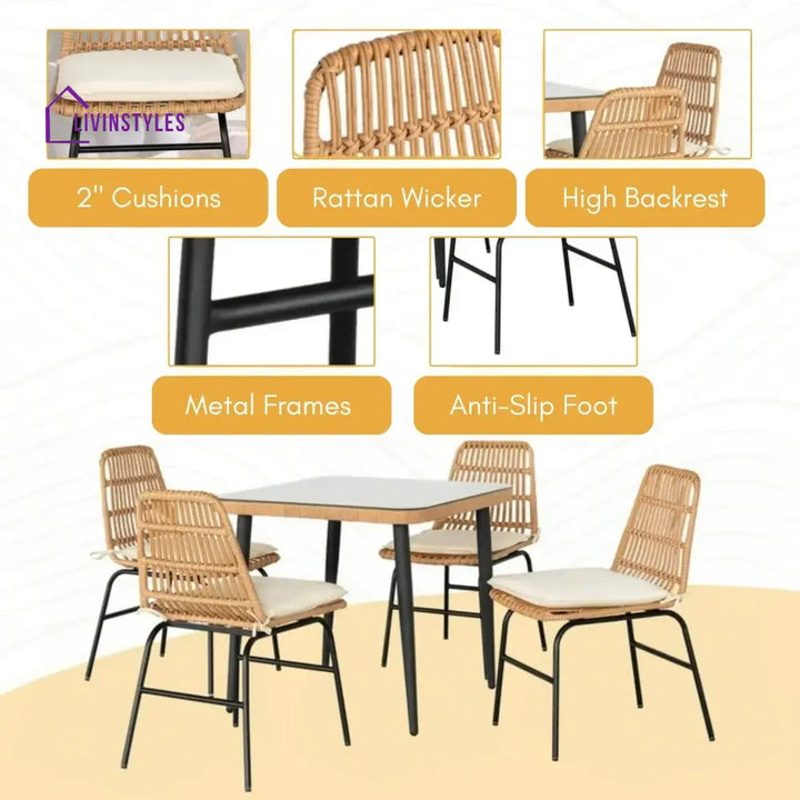 Macarena 5-Piece Outdoor Patio Dining Set With Rattan Chairs & Glass-Top Table - Dining Set