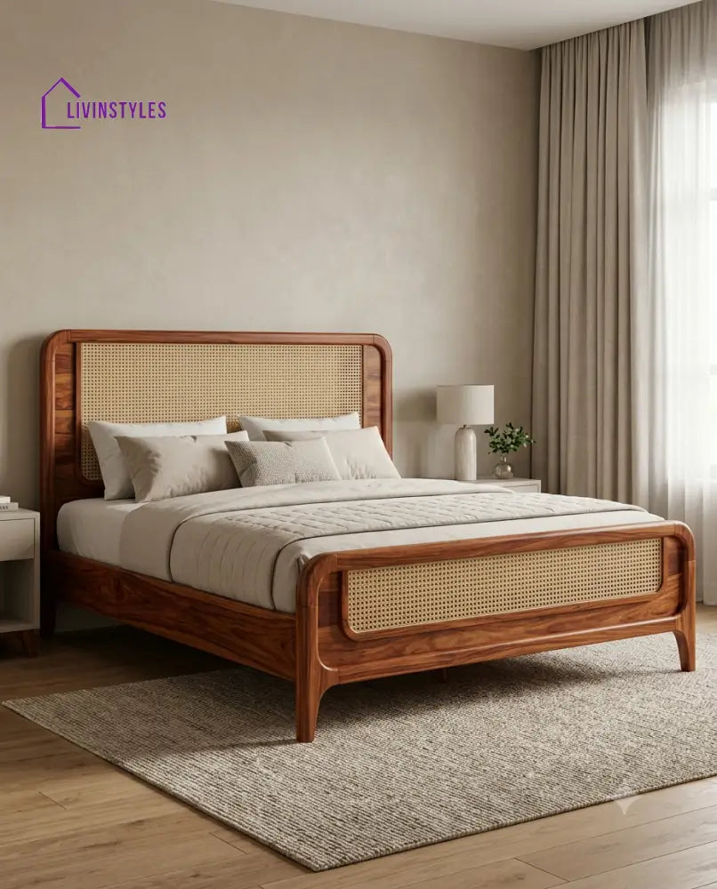 Madhan Wooden Bed with Cane Weaving Headboard Design | Bed without Storage