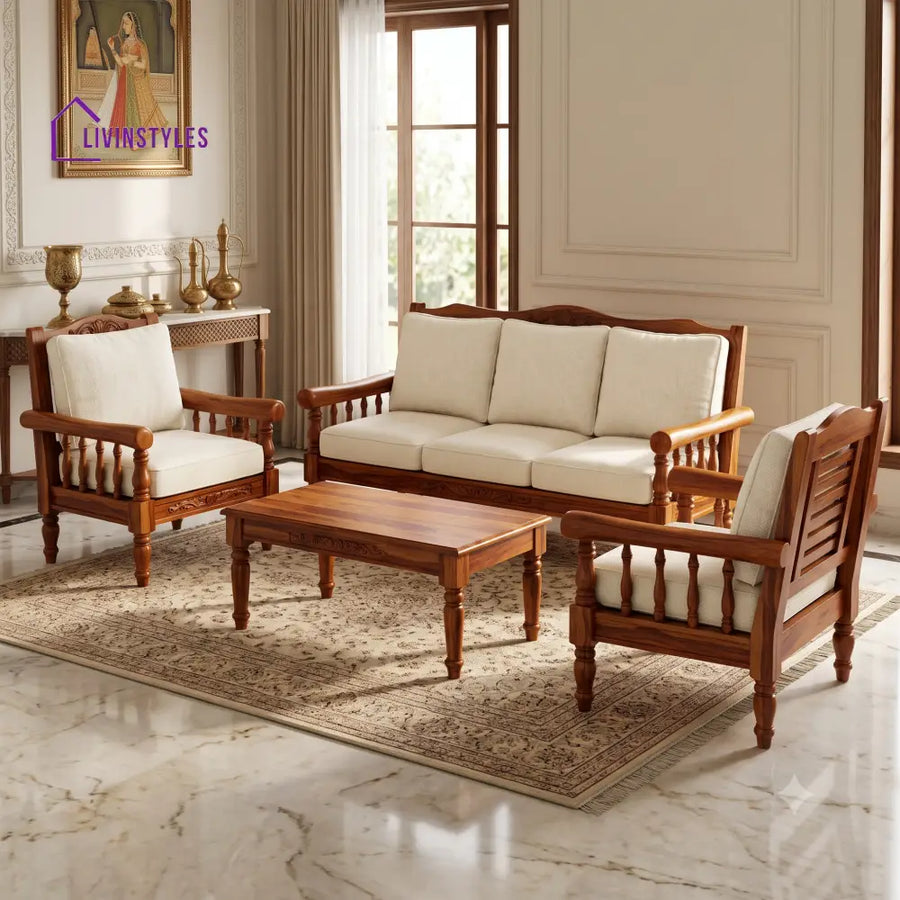 Madhavi Wooden Sofa Set | 3 + 1 + 1 Sheesham Wood Sofa Set for Living Room