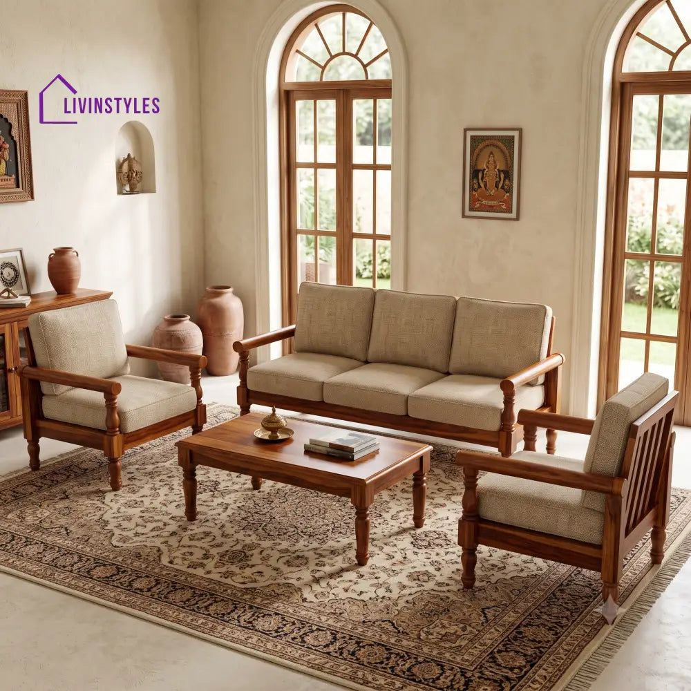 Madhumathi Wooden Sofa Set | 3 + 1 + 1 Sheesham Wood Sofa Set for Living Room