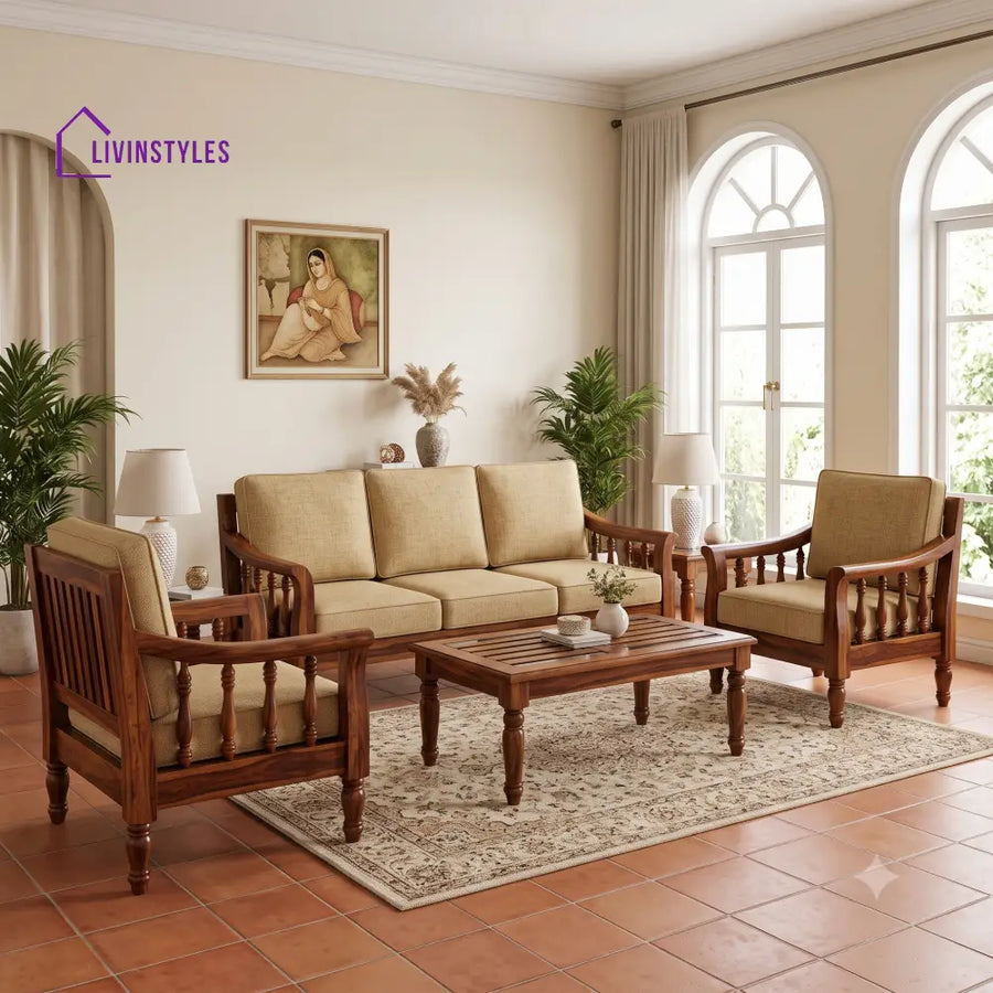 Madhumitha Wooden Sofa Set | 3 + 1 + 1 Sheesham Wood Sofa Set for Living Room
