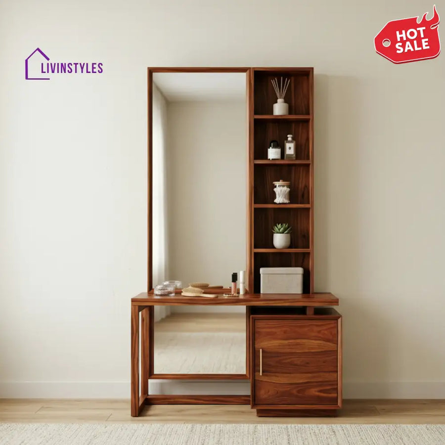 Madison Sheesham Wood Dressing Table with Mirror and Storage (Honey Finish)
