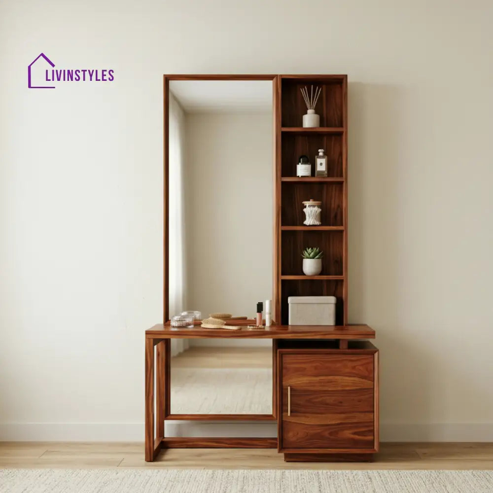Madison Sheesham Wood Dressing Table with Mirror and Storage (Honey Finish)