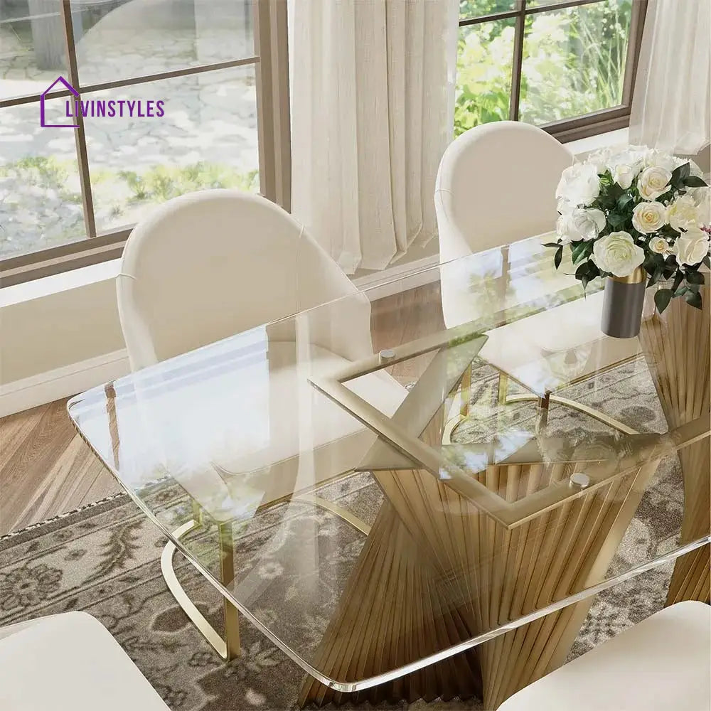 Madison Stainless Steel Dining Table Set with Glass Top | 6 Seater Dining Table Set