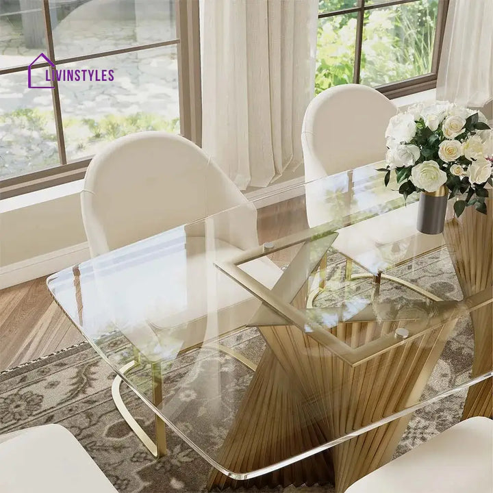 Madison Stainless Steel Dining Table Set with Glass Top | 6 Seater Dining Table Set