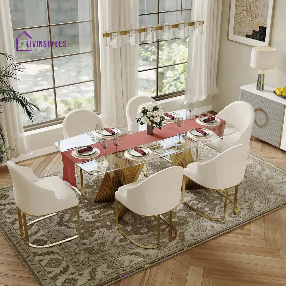 Madison Stainless Steel Dining Table Set with Glass Top | 6 Seater Dining Table Set