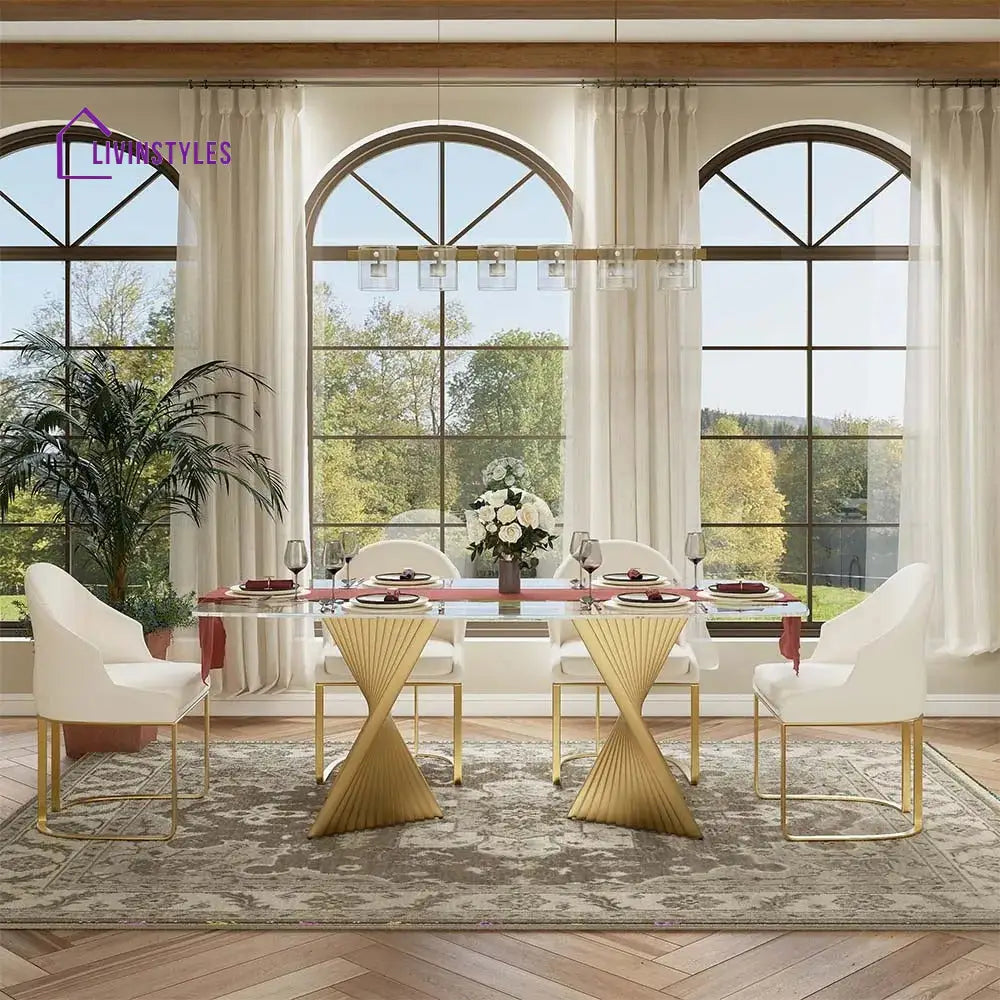 Madison Stainless Steel Dining Table Set with Glass Top | 6 Seater Dining Table Set