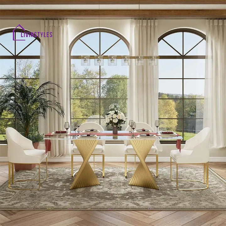 Madison Stainless Steel Dining Table Set with Glass Top | 6 Seater Dining Table Set