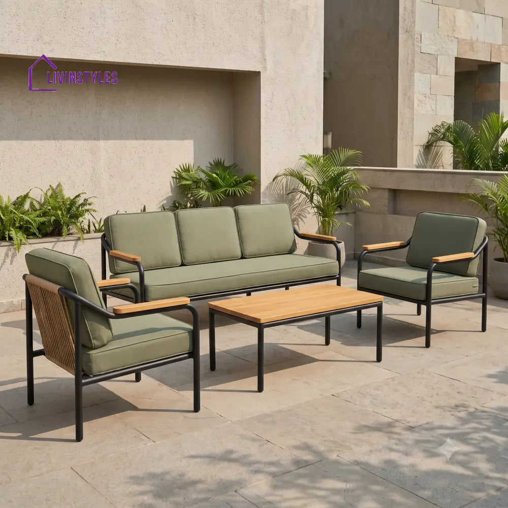 Maelyne Metal Frame and Rope Weaving Outdoor Sofa Set 3 + 1 +1 and Coffee Table | Premium Uphostery