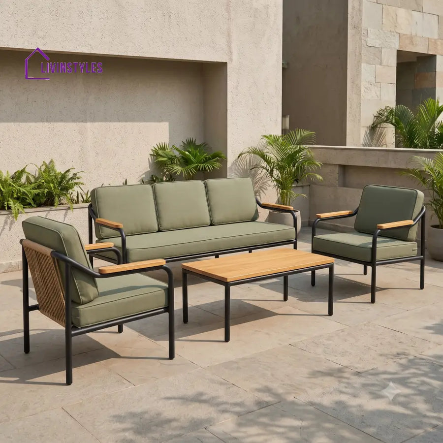 Maelyne Metal Frame and Rope Weaving Outdoor Sofa Set 3 + 1 +1 and Coffee Table | Premium Uphostery