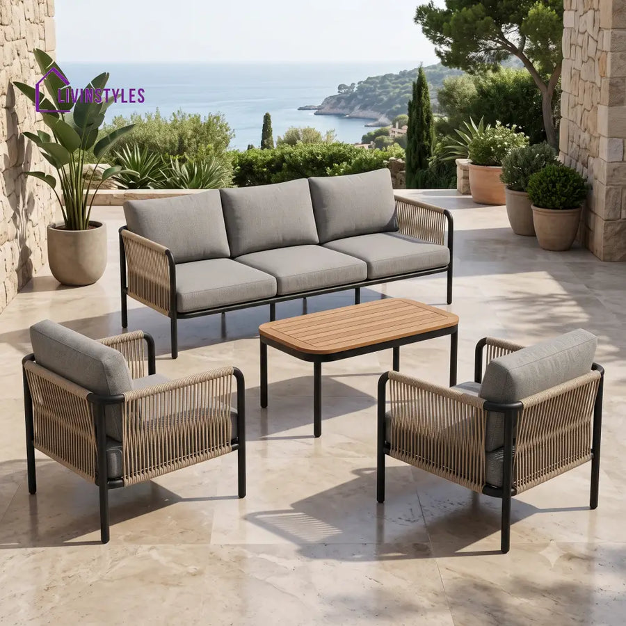Maelys Metal Frame and Rope Weaving Outdoor Sofa Set 3 + 1 +1 and Coffee Table | Premium Uphostery