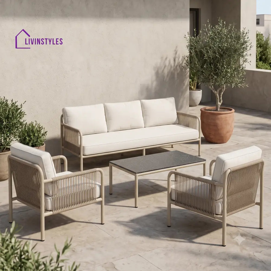 Maevane Metal Frame and Rope Weaving Outdoor Sofa Set 3 + 1 +1 and Coffee Table | Premium Uphostery