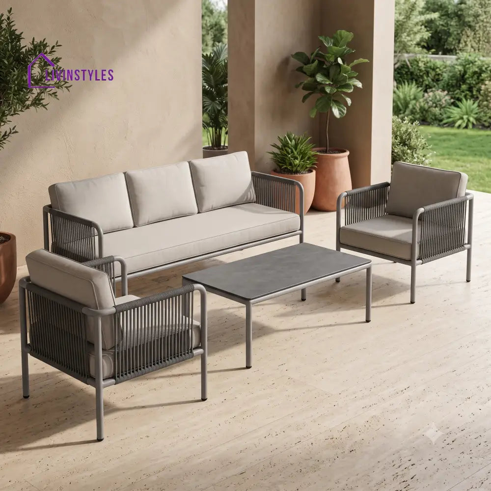 Magali Metal Frame and Rope Weaving Outdoor Sofa Set 3 + 1 +1 and Coffee Table | Premium Uphostery