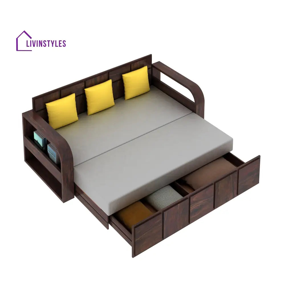 Magnolia Solid Sheesham Wood 3 Seater Sofa Cum Bed with Headboard Design Sofa Cum Bed