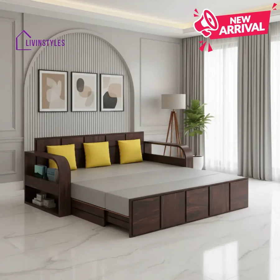Magnolia Solid Sheesham Wood 3 Seater Sofa Cum Bed with Headboard Design Sofa Cum Bed