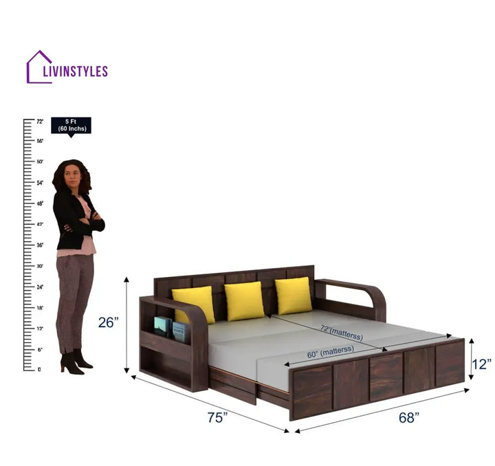 Magnolia Solid Sheesham Wood 3 Seater Sofa Cum Bed with Headboard Design Sofa Cum Bed