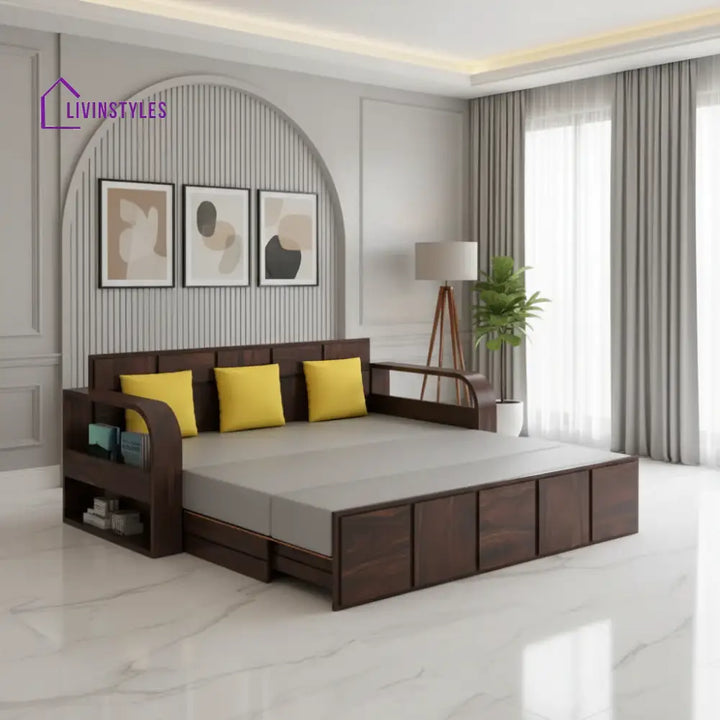 Magnolia Solid Sheesham Wood 3 Seater Sofa Cum Bed with Headboard Design Sofa Cum Bed