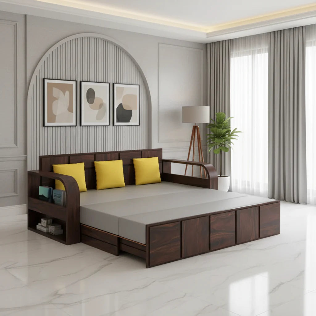 Magnolia Solid Sheesham Wood 3 Seater Sofa Cum Bed with Headboard Design Sofa Cum Bed