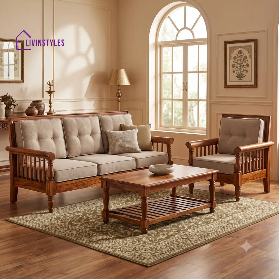 Mahalakshmi Wooden Sofa Set | 3 + 1 + 1 Sheesham Wood Sofa Set for Living Room