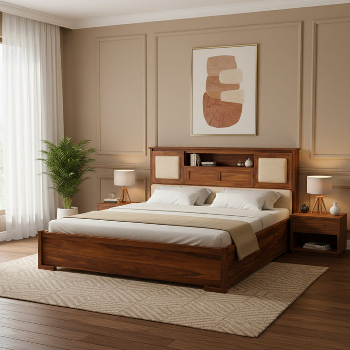 Maharaja Solid Sheesham Wood Bed With Box And Headboard Storage - 1 Year Warranty