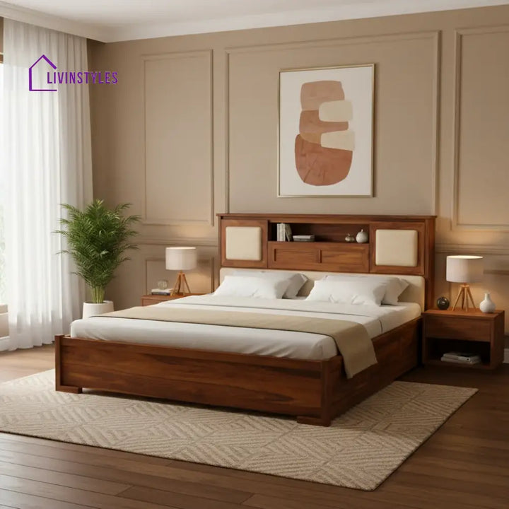 Maharaja Solid Sheesham Wood Bed With Box And Headboard Storage - 1 Year Warranty