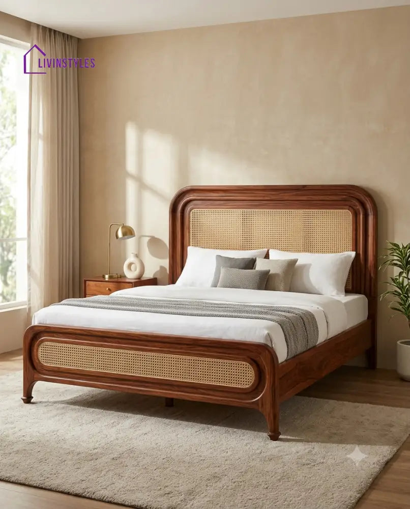 Mahesh Wooden Bed with Cane Weaving Headboard Design | Bed without Storage