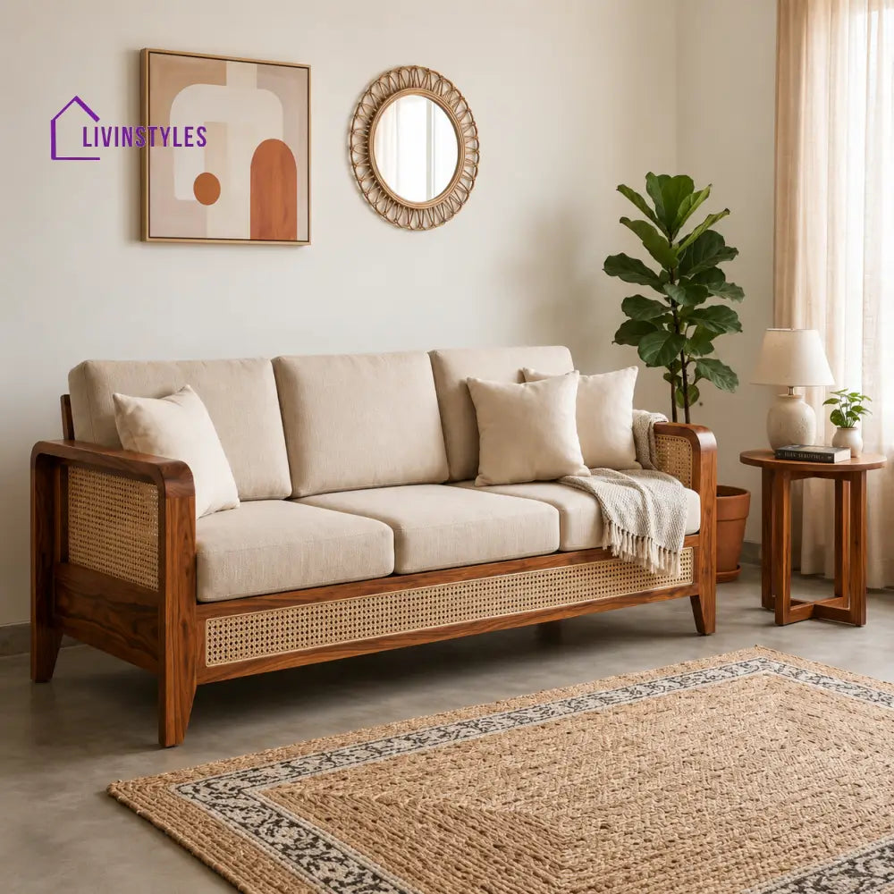 Mahi Sheesham Wood and Cane Sofa for Living Room