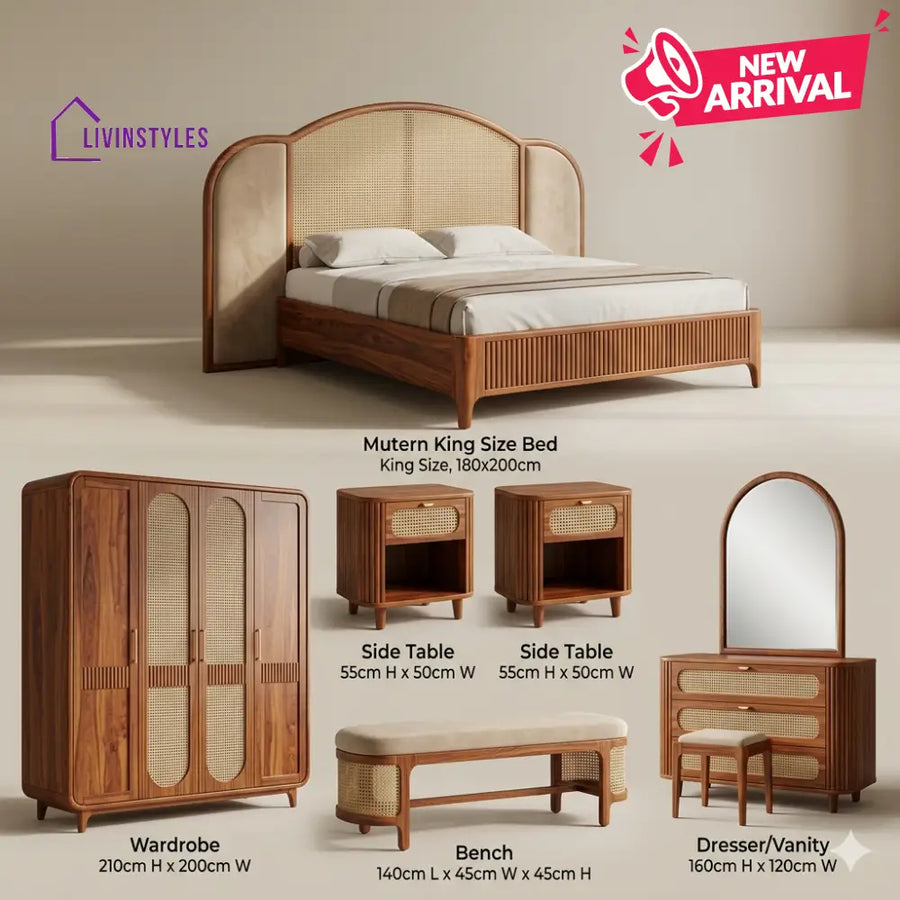 Mahi Solid Sheesham Wood Bedroom Set with Bed Bedside Tables Bench Wardrobe & Dresser