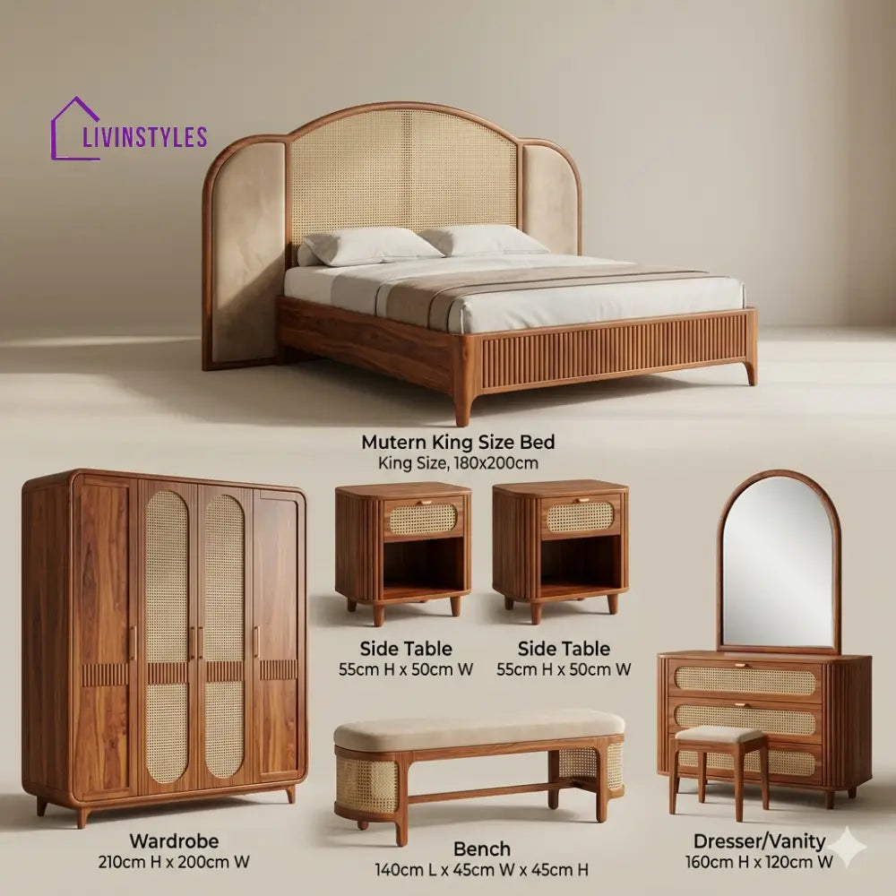 Mahi Solid Sheesham Wood Bedroom Set with Bed Bedside Tables Bench Wardrobe & Dresser