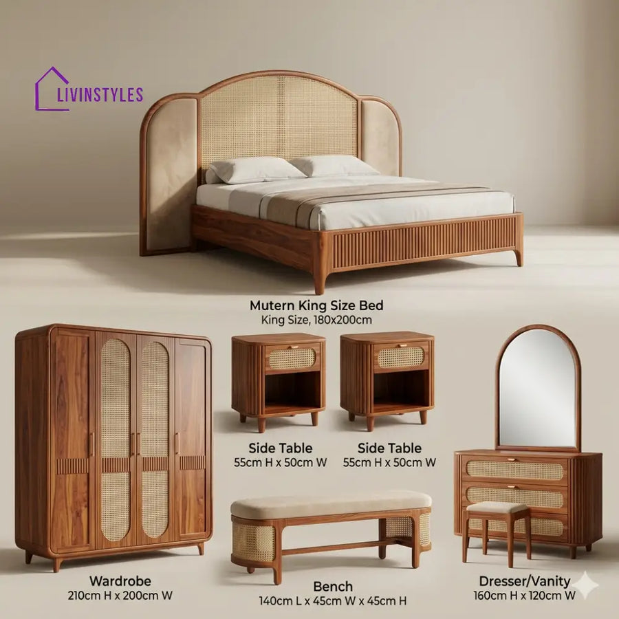 Mahi Solid Sheesham Wood Bedroom Set with Bed Bedside Tables Bench Wardrobe & Dresser
