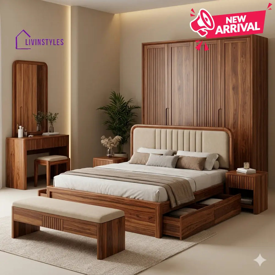 Mahi Solid Sheesham Wood Bedroom Set with Bed Bedside Tables Bench Wardrobe & Dresser
