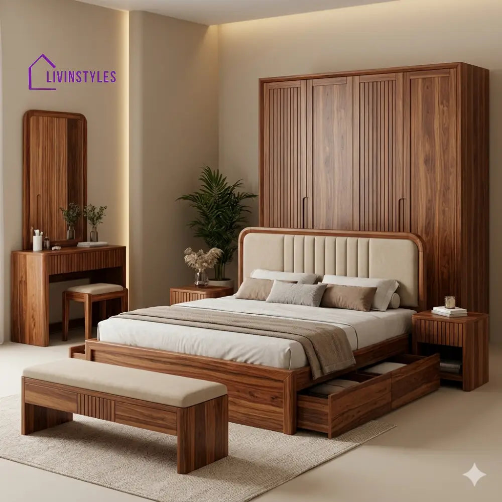 Mahi Solid Sheesham Wood Bedroom Set with Bed Bedside Tables Bench Wardrobe & Dresser