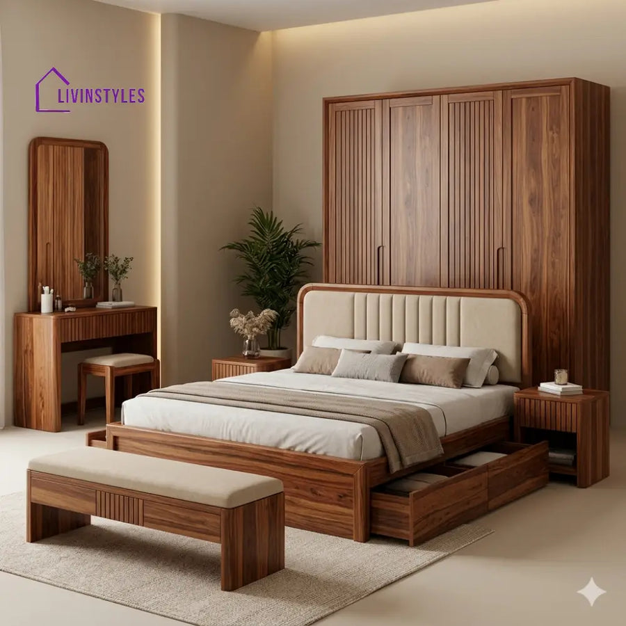 Mahi Solid Sheesham Wood Bedroom Set with Bed Bedside Tables Bench Wardrobe & Dresser