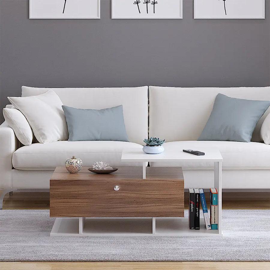 Mahi Stylish Centre Table & Teapoy for Living Room - Exotic Teak and White Coffee Table