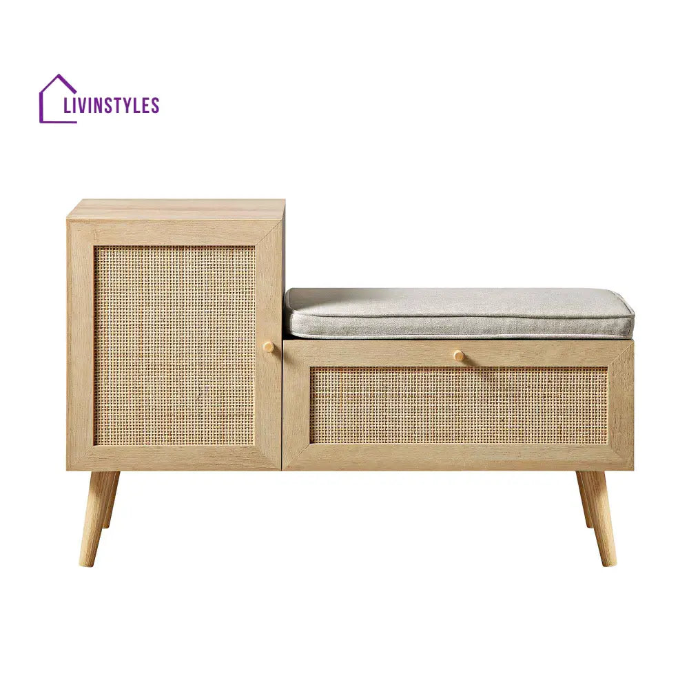 Frances Woven Rattan Storage Bench with Cushion Natural Cabinets & Chests