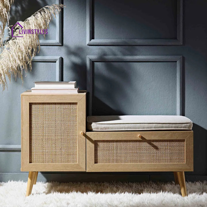 Frances Woven Rattan Storage Bench with Cushion Natural Cabinets & Chests