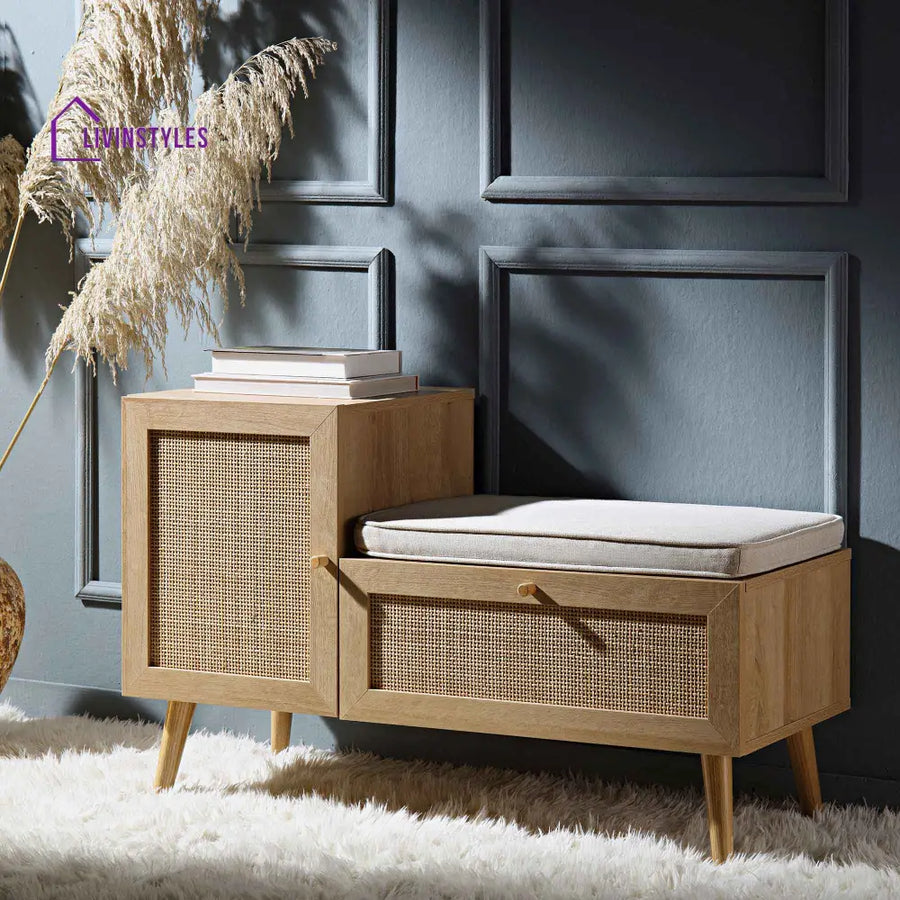 Frances Woven Rattan Storage Bench with Cushion Natural Cabinets & Chests