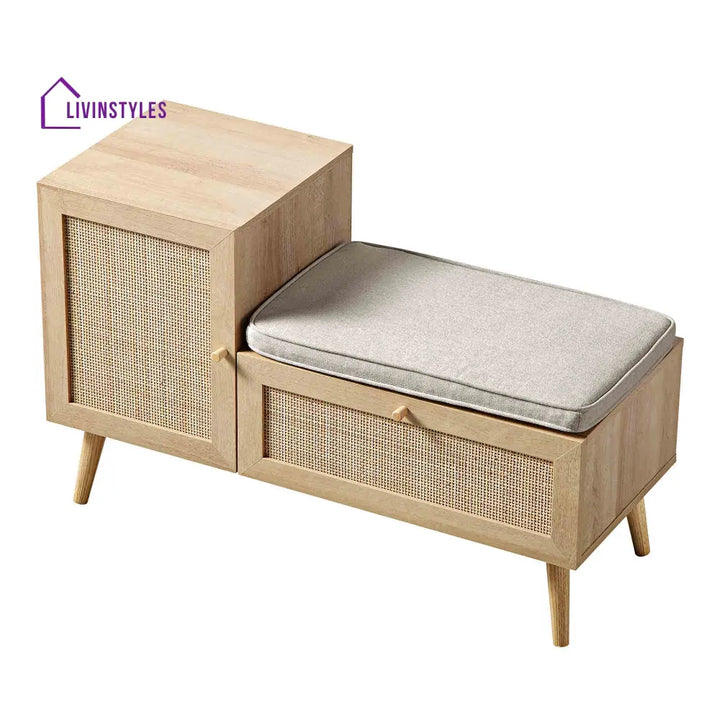 Frances Woven Rattan Storage Bench with Cushion Natural Cabinets & Chests