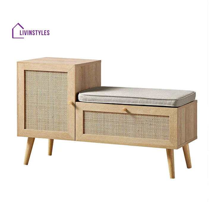 Frances Woven Rattan Storage Bench with Cushion Natural Cabinets & Chests