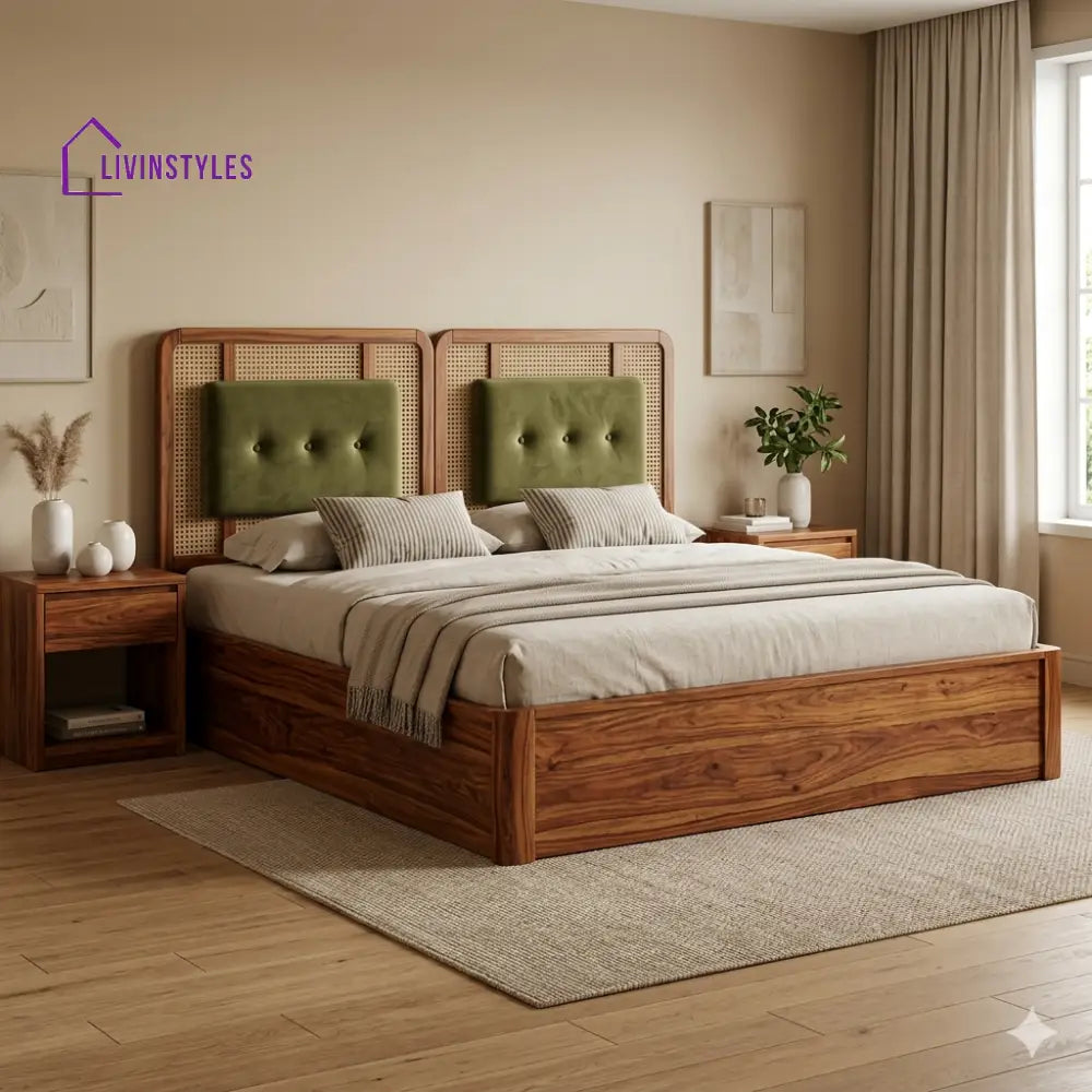 Mahima Premium Sheesham Wood Bed with Velvet Headboard