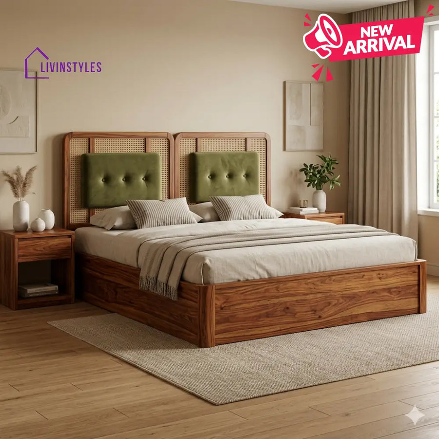 Mahima Premium Sheesham Wood Bed with Velvet Headboard