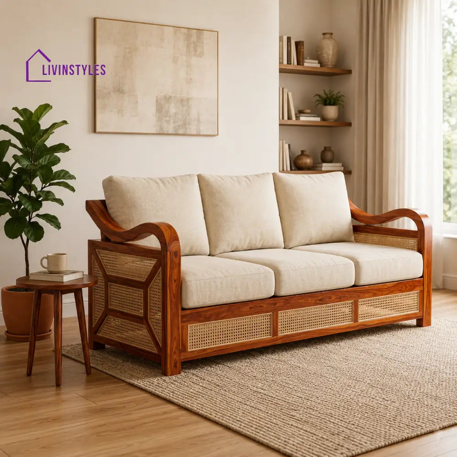 Mahima Sheesham Wood and Cane Sofa for Living Room