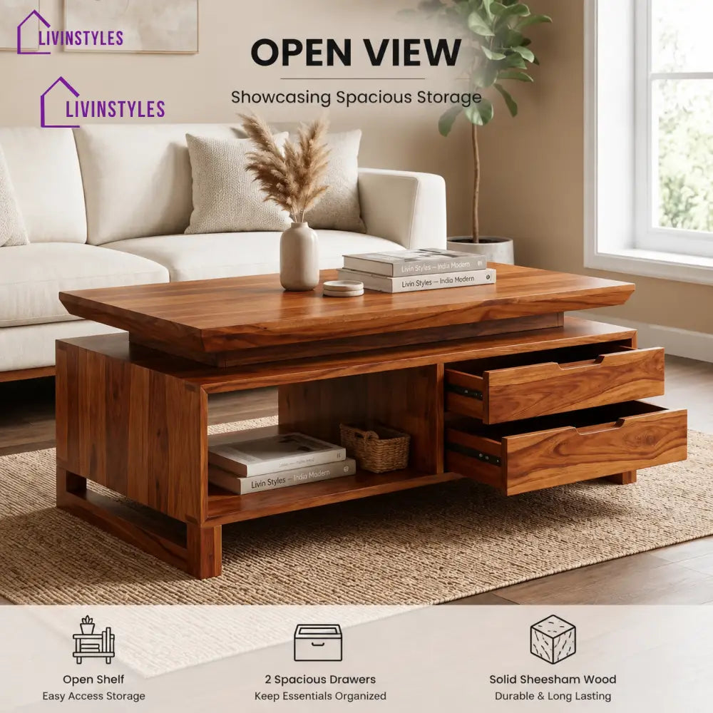 Maïwenn Wooden Coffee Table for Living Room | Tea Table | Teapoy | Center table - 48 X 24 Inch - Living Room / Coffee