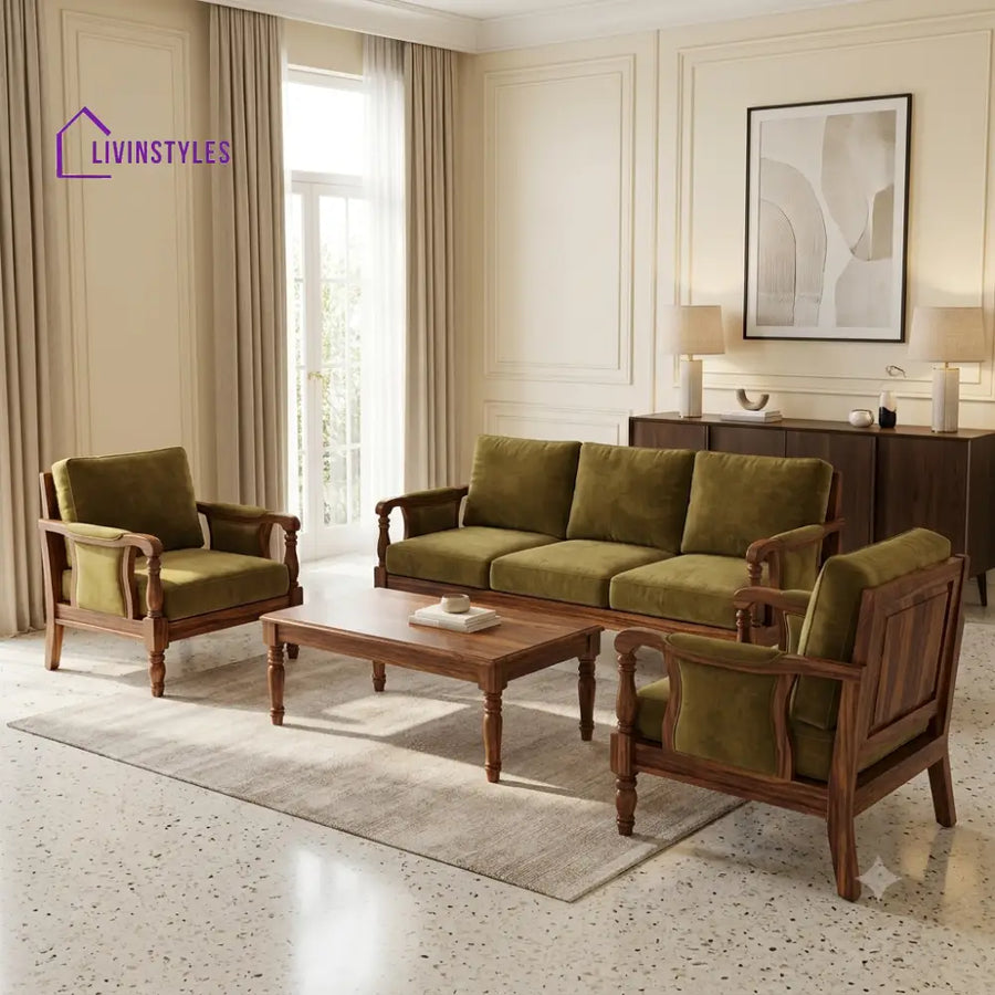 Malarvizhi Wooden Sofa Set | 3 + 1 + 1 Sheesham Wood Sofa Set for Living Room