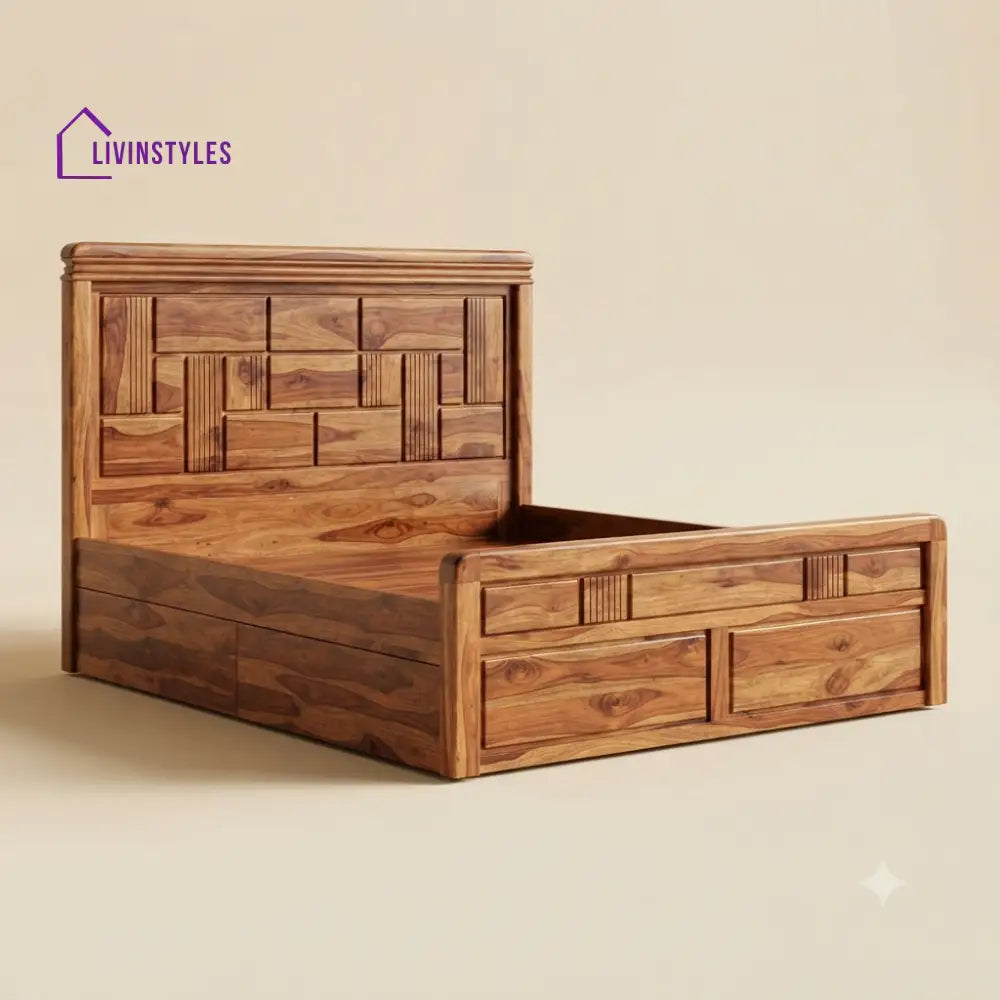 Malathi Sheesham Wood Bed With Box Storage | Wooden Bed