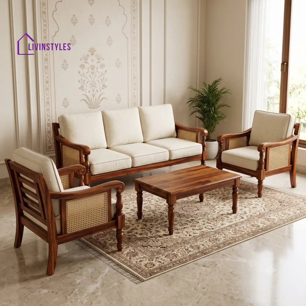 Malathi Wooden Sofa Set | 3 + 1 + 1 Sheesham Wood Sofa Set for Living Room