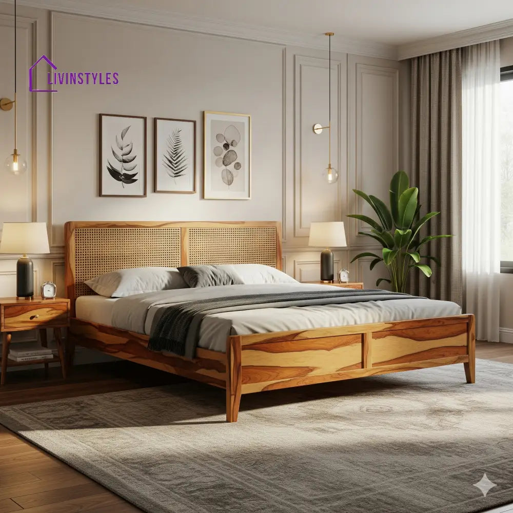 Malik Sheesham Wood & Cane Bed – Honey Finish