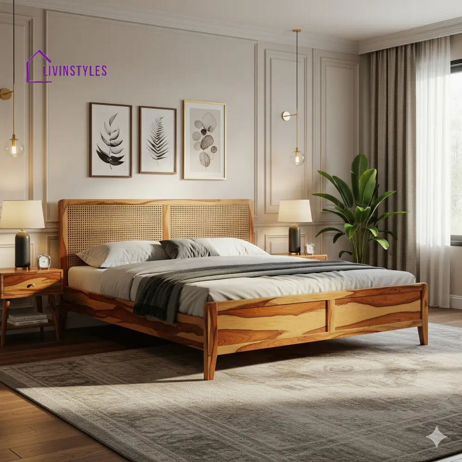 Malik Sheesham Wood & Cane Bed – Honey Finish