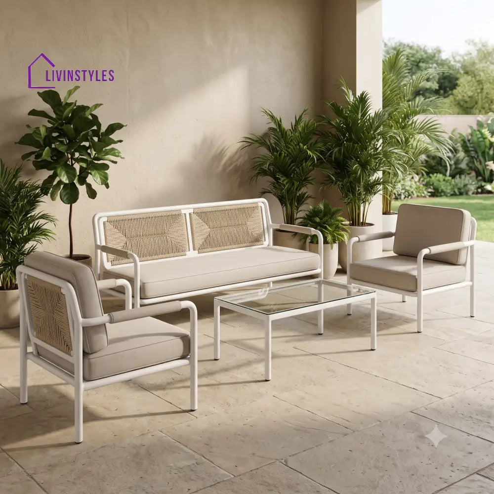 Malou Metal Frame and Rope Weaving Outdoor Sofa Set 3 + 1 +1 and Coffee Table | Premium Uphostery