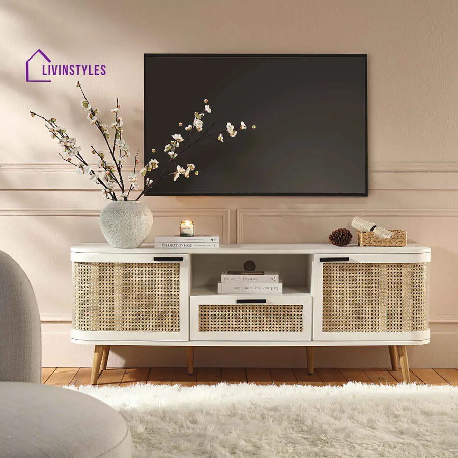 Izzy Curved Rattan 150cm TV Unit White TV Stands & Media Storage